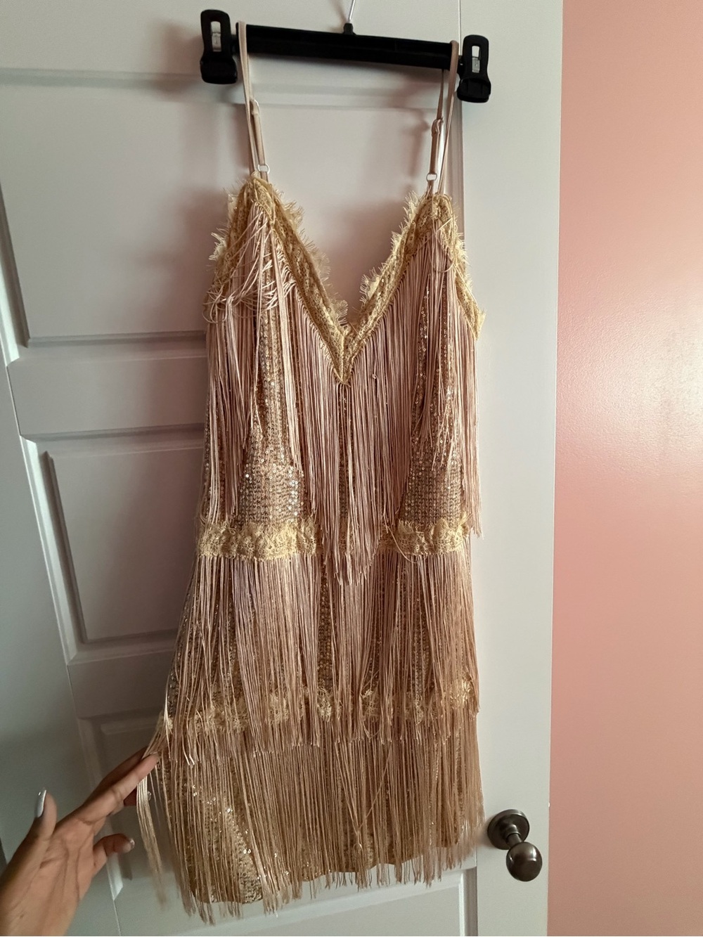 Fringe Party Mini Dress in Cream - Elegant Spaghetti Strap Cocktail Dress - Picture 2 of 3